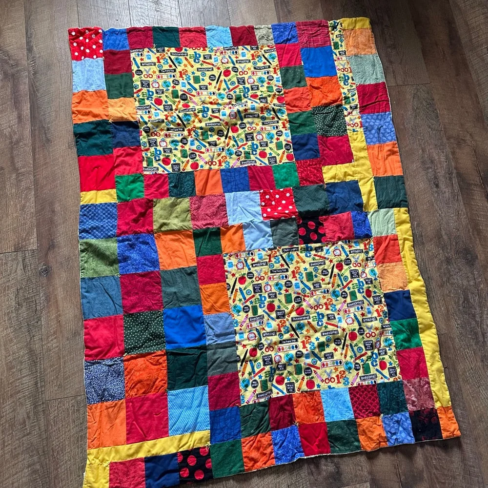 Multicolor Patchwork Twin Quilt with School Theme Handmade